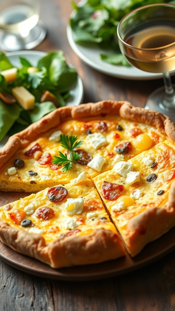 Four Cheese Quiche Recipe A slice of four cheese quiche with mozzarella, feta, Parmesan, and cheddar, garnished with parsley, on a wooden table.